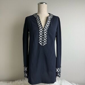 Tory Burch Navy Blue White Embroidered Tunic Blouse Size 0